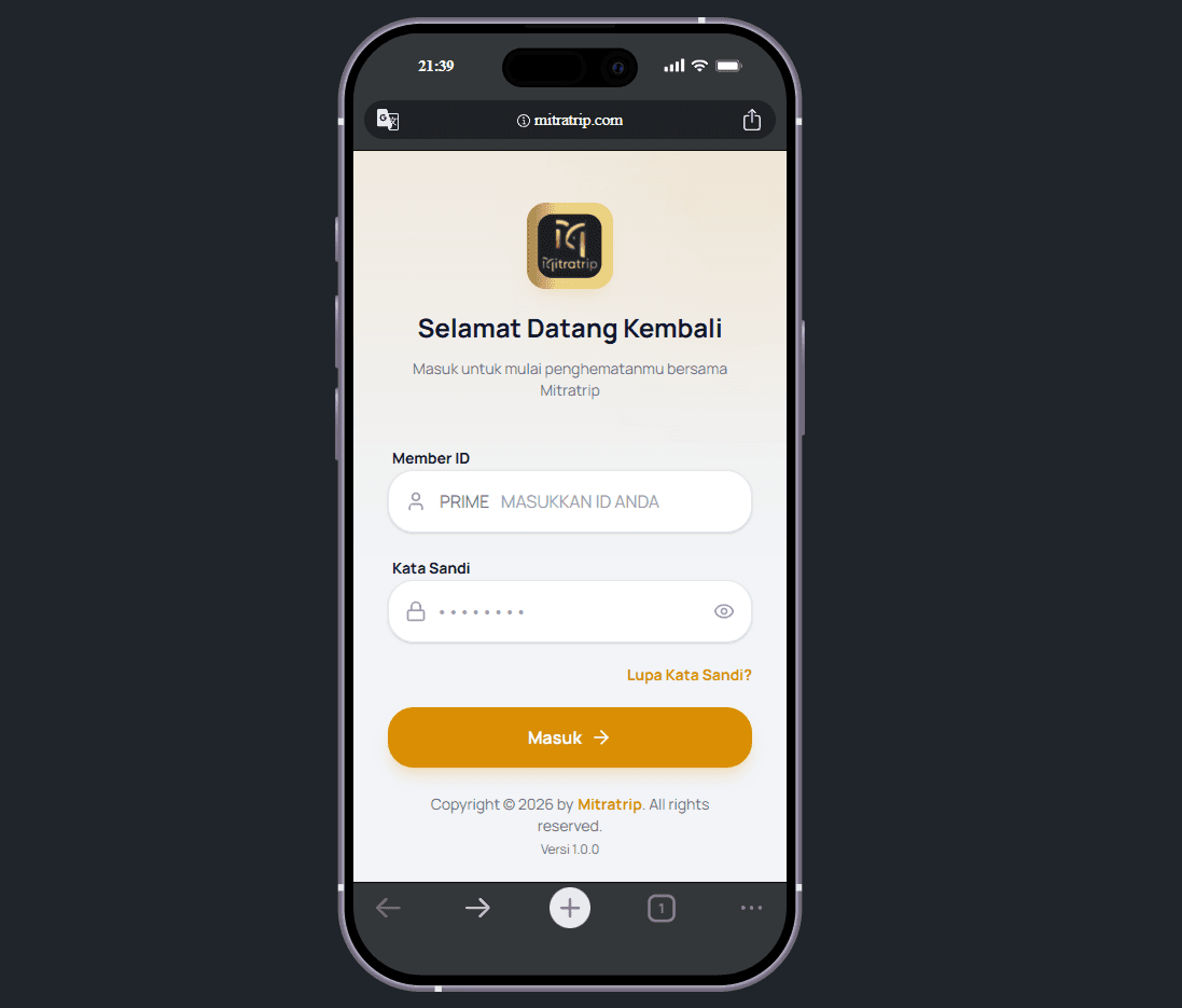 Mitratrip login screen on mobile