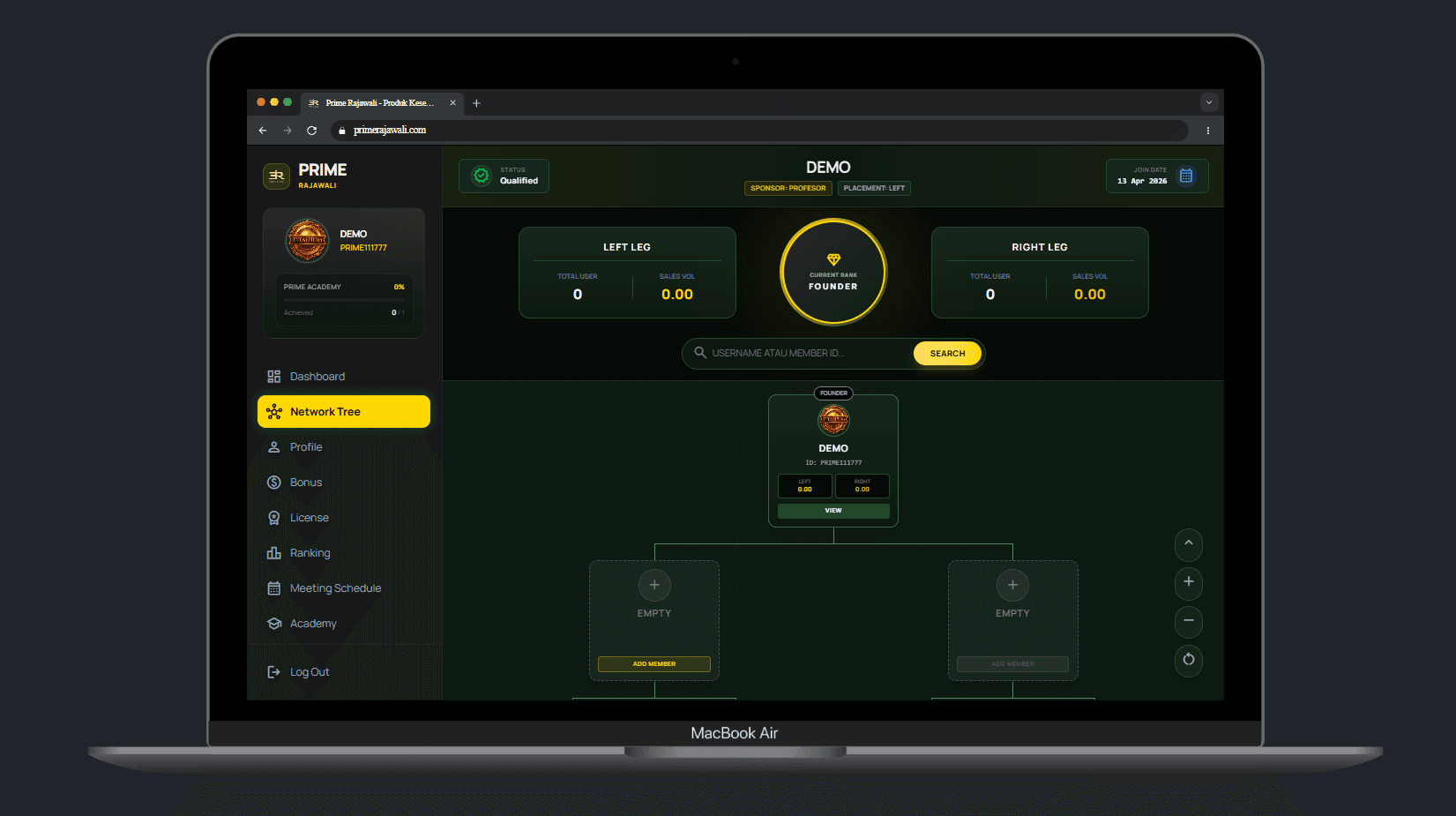 Abstract dark UI dashboard with geometric network tree visualizations and soft gold glowing accents